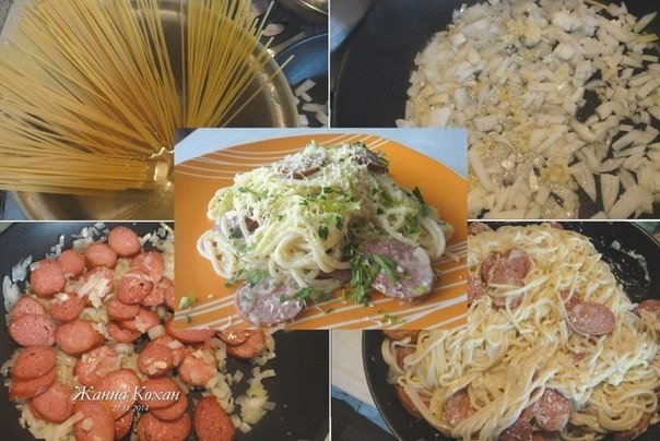 Спагетти с сыром и колбасками Спагетти с сыром и колбасками