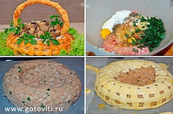 Царская корзина из слоеного теста с мясом, рисом и грибами