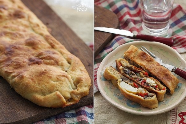 Закрытый овощной пирог с сыром и грибами Закрытый овощной пирог с сыром и грибами