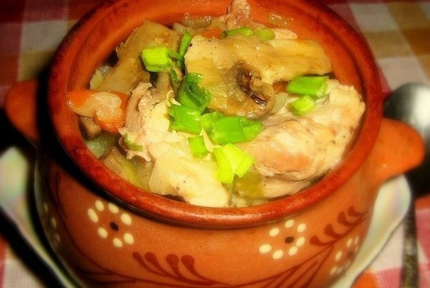 курица в горшочке со сметаной. курица в горшочке со сметаной.