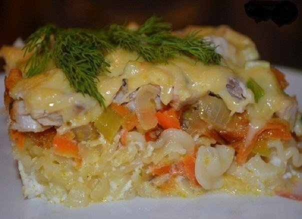 Соблазнительная запеканка с курицей из макарон