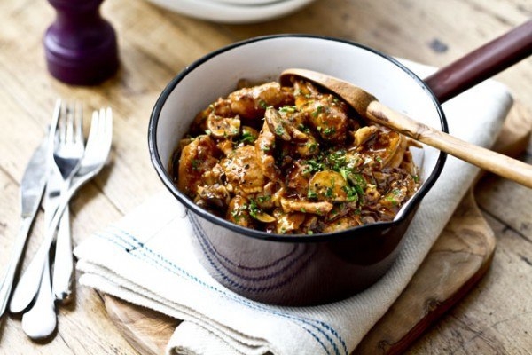 Тушеная курица с грибами и сливками