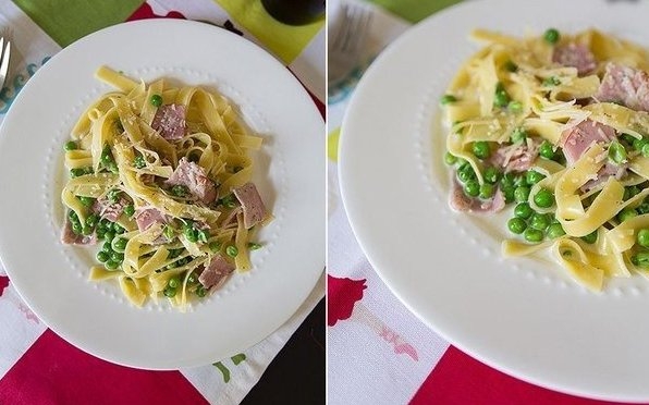 Паста в сливочном соусе с горошком и пармезаном