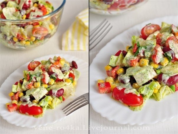 Овощной салат с фасолью и кукурузой под йогуртовым соусом Овощной салат с фасолью и кукурузой под йогуртовым соусом