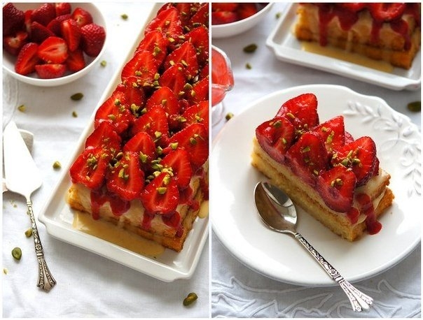Бисквитный торт с ванильным заварным кремом и клубникой Бисквитный торт с ванильным заварным кремом и клубникой