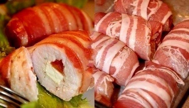 Рецепт: Рулетики из куриного филе с сыром "Фета" и помидорами, в беконе