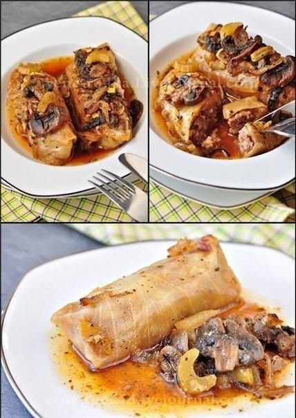 Рецепт: Голубцы запеченные в духовке с шампиньонами Рецепт: Голубцы запеченные в духовке с шампиньонами