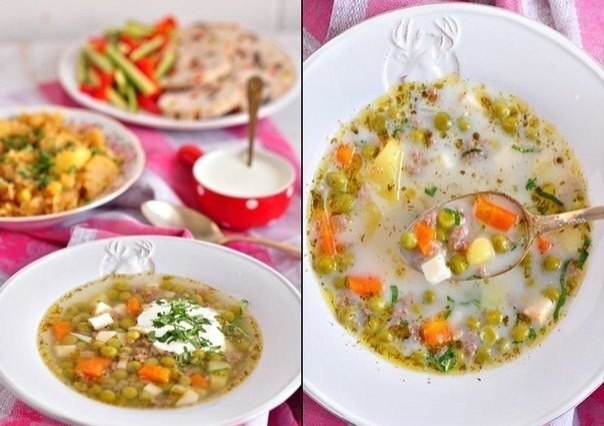 Рецепт: Суп с зеленым горошком, фаршем и копченым сыром