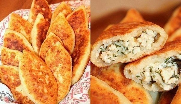 Жареные пирожки из творожного теста с куриным фаршем, сыром и зеленью Тесто: - 250 г творога - 200 г