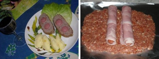 Мясной рулет с сосисками. Мясной рулет с сосисками.