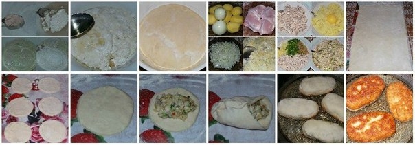 Пирожки жареные из нежного и воздушного дрожжевого теста с куриным мясом,зелёным луком и картофелем.