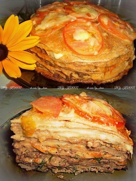Блинный торт "Сытный" ( можно приготовить и в микроволновке)