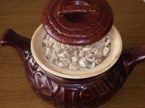 Картошка в горшочке с куриной грудкой в грибном соусе.