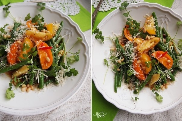 Салат со стручковой фасолью , томатами и острой заправкой.