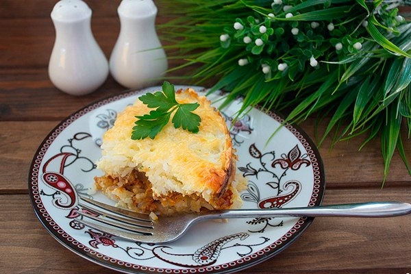 Запеканка мясная с рисом.