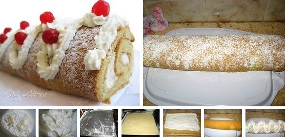 Бисквитный рулет с вишней и сливками