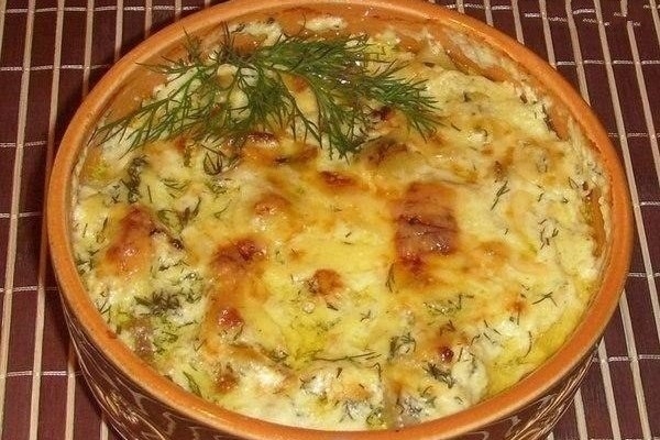 Картофель с грибами и куриным филе в горшочке