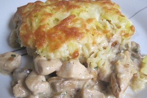 Курица с грибами под шубой из картофеля