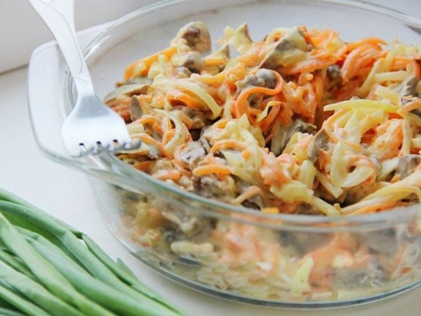 Салат из сердца с луком и морковью Салат из сердца с луком и морковью