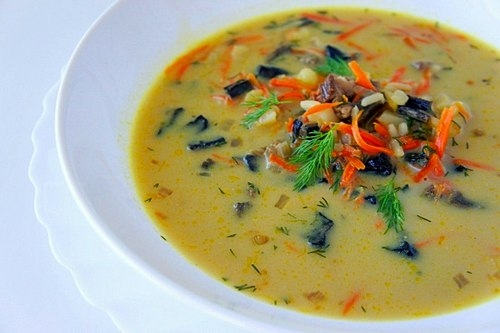 Ароматный суп из сушеных грибов с рисом