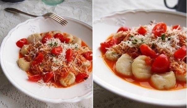 Картофельные ньокки с острым томатным соусом.