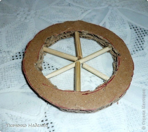 Корзина сделана из пластиковой баночки из-под сметаны. Обмотала её шпагатом, украсила полубусинами.