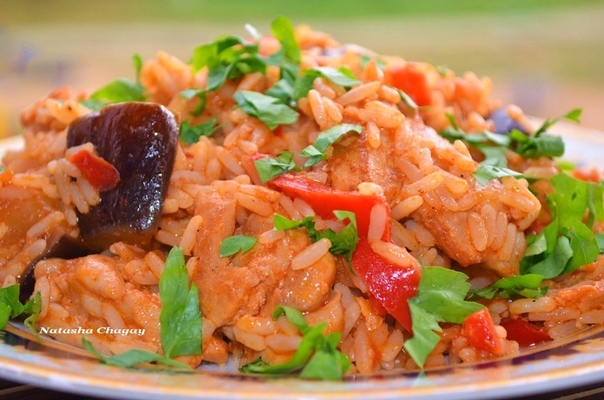 Курица с рисом и баклажанами
