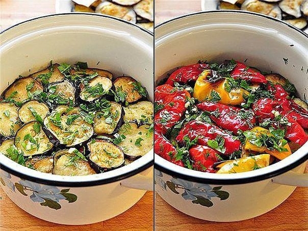 Закуска из маринованных баклажанов и перцев-гриль Закуска из маринованных баклажанов и перцев-гриль