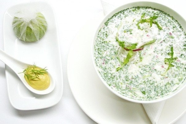 Окрошка с простоквашей и копченой курицей