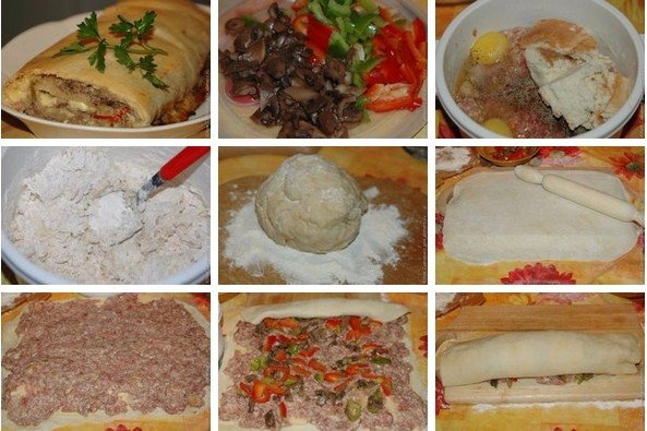 Штрудель с мясом, грибами и сладким перцем Штрудель с мясом, грибами и сладким перцем