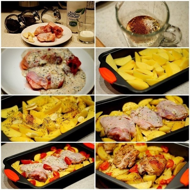 Курица маринованная в кефире, запечённая с картофелем с травами и чесноком. 110 ккал