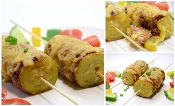Кабачки с фаршем под сыром.