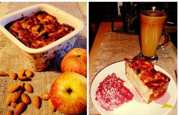 ШАРЛОТКА С СОУСОМ ИЗ РИКОТТЫ, ВИШНИ И МИНДАЛЯ