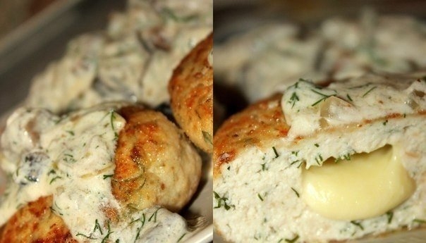 Котлетки из куриного филе с сыром и зеленью под сливочно-грибным соусом) от Ольги Бобачевой